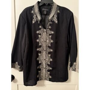 Vintage Silkland 100% Silk Quilted Jacket Sz 2X Floral Embroidery Black Office